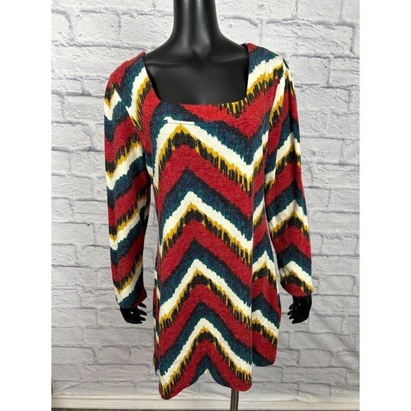 Aryeh Square Neck Long‎ Sleeve Chevron Dress Multicolor Women's Size XXXL - Picture 1 of 8